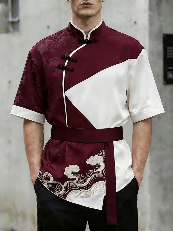 Men's Contrast Color Frog Button Stand Collar Short Sleeve Shirt SKUL59873
