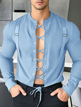 Mens Tie-Up Interwoven Hollow-Out Long Sleeve T-Shirt SKUK95749