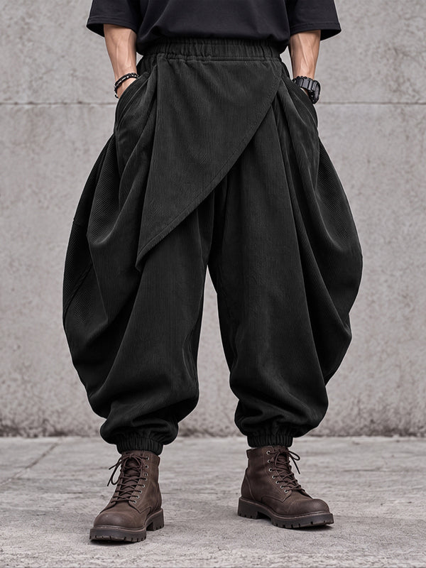 [Pre-order]Men's Avant-Garde Darkwear City Walk Asymmetric Wrap Apron Corduroy Harem Pant SKUL88492