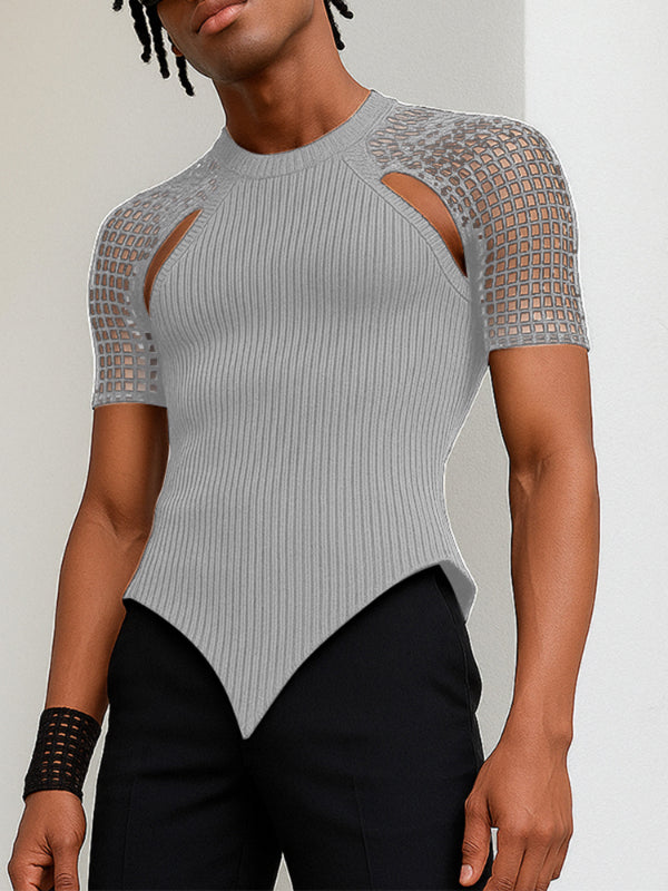 Men's Grid Mesh Patchwork Knit Short Sleeve T-Shirt SKUL22773