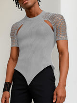 Men's Grid Mesh Patchwork Knit Short Sleeve T-Shirt SKUL22773