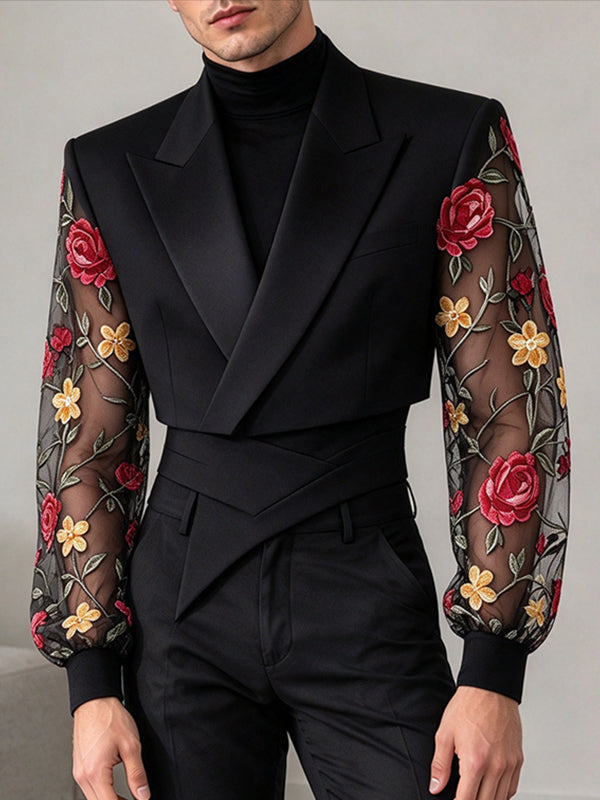 [Pre-order] Men's Avant-Garde Deconstructed Evening Gala Sheer Mesh Rose Embroidered Sleeve Ultra-Cropped Blazer SKUL89258