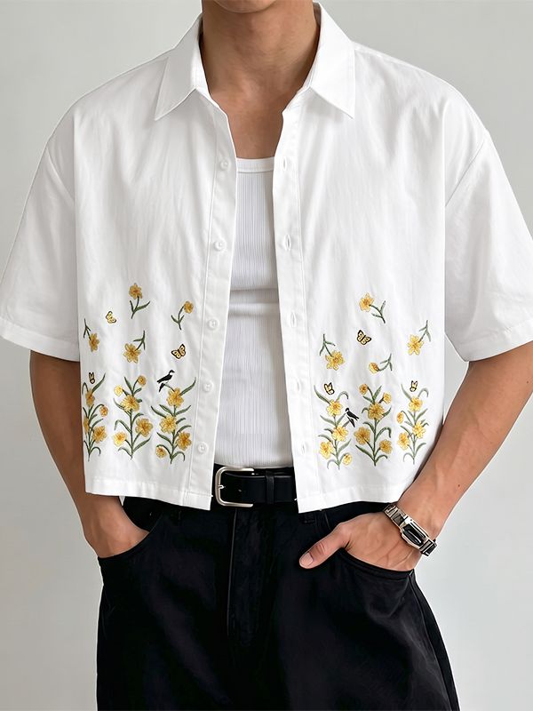 Men's Japanese Casual Boxy Cropped Floral Print Short Sleeve Shirt SKUL74583