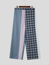 Men's Japanese Streetwear Asymmetrical Plaid Patchwork Wide-Leg Pant SKUL69636