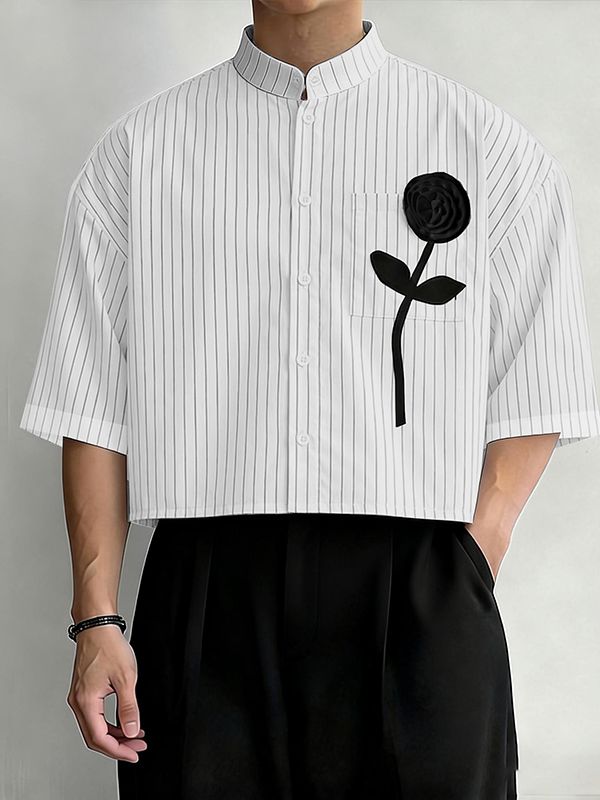 Men's 3D Floral Patchwork Striped Half Sleeve Shirt SKUL63257