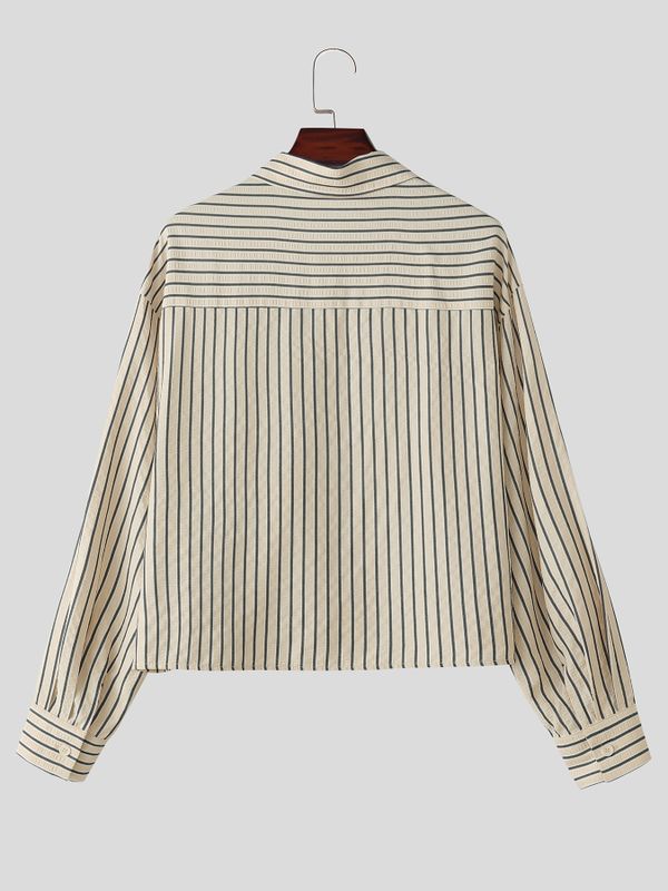 Men's Korean Minimalist Striped Boxy Cropped Dropped Shoulder Long Sleeve Shirt SKUL76406