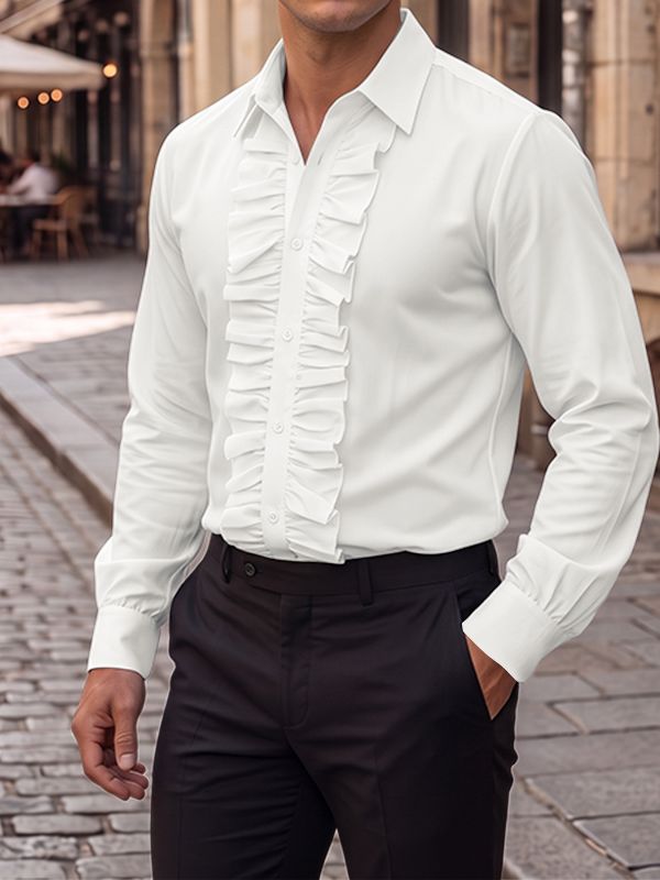 Mens Solid Color Ruffle Collar Long Sleeve Shirt SKUL27250