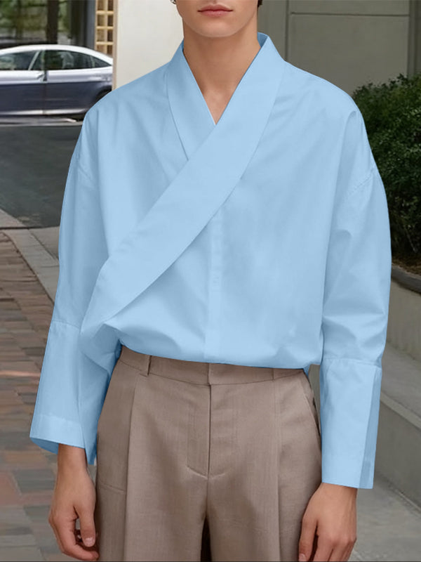 Men's Solid Color Asymmetric Placket Long Sleeve Shirt SKUL46085
