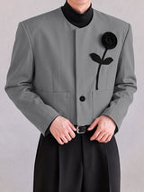 Men's Neo-Chinese Chic Evening Gala 3D Rose Flower Collarless Single Button Cropped Blazer SKUL85944