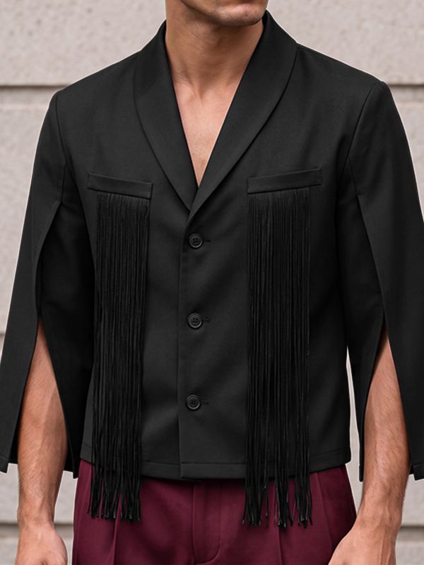 Men's Avant-Garde Party Chest Tassel Fringe Cape Slit Half Sleeve Shawl Collar Blazer SKUL78339