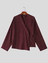 Men's Retro Resort Cross Wrap Asymmetrical Hem Side Button Long Sleeve V-Neck Cardigan SKUL77326