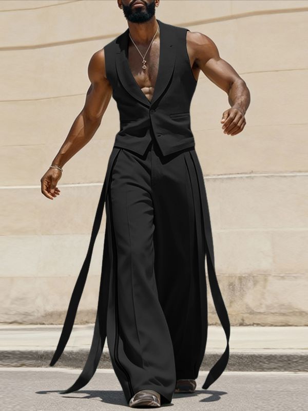 Men's Solid Color Ribbon Patchwork Two Pieces Outfit SKUL53994