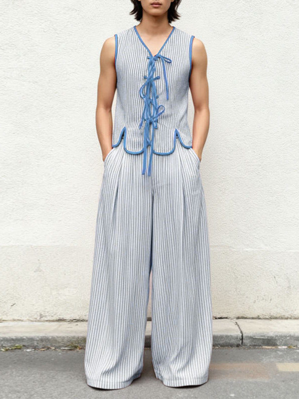 Men's Lace Up Patchwork Striped Two Pieces Outfit SKUL45397