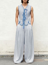 Men's Lace Up Patchwork Striped Two Pieces Outfit SKUL45397