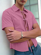 Men's Avant-Garde D-Ring Buckle Strap Open-Front Short Sleeve Shirt SKUL63076