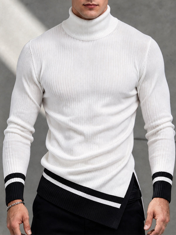 [Pre-order] Men's Smart Chic Daily Commute Striped Cuffs Roll Turtleneck Form-Fitting T-shirt SKUL88533