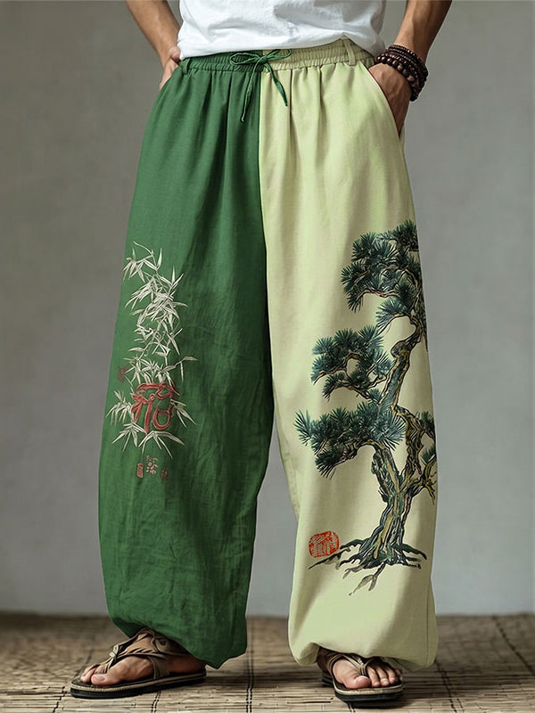 Men's Vintage Zen Two Tone Pine Tree Print Drawstring Wide Leg Pant SKUL70394