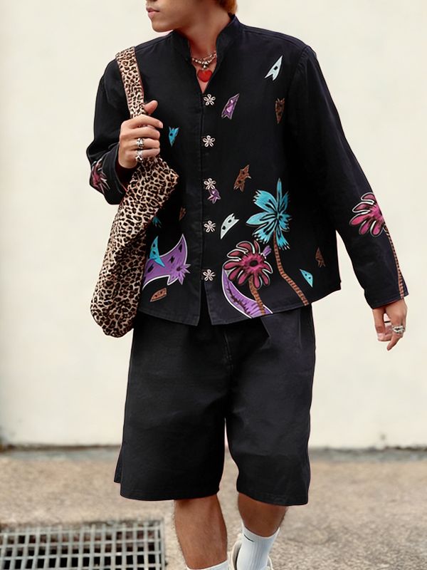 Men's Floral Print Stand Collar Two Piece Outfit SKUL45141