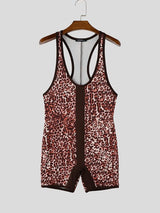 Men's Wild Sexy Leopard Print Mesh Spliced Deep U Neck Bodysuit SKUL73617