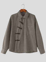 Men's Neo-Chinese Avant-Garde Asymmetrical Frog-Button Micro-Plaid Shirt SKUL77514