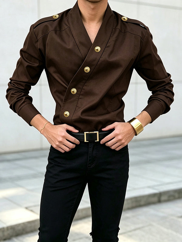 Men's Avant-Garde Party Epaulet Detail Diagonal Metal Button Slim Long Sleeve Shirt SKUL81152