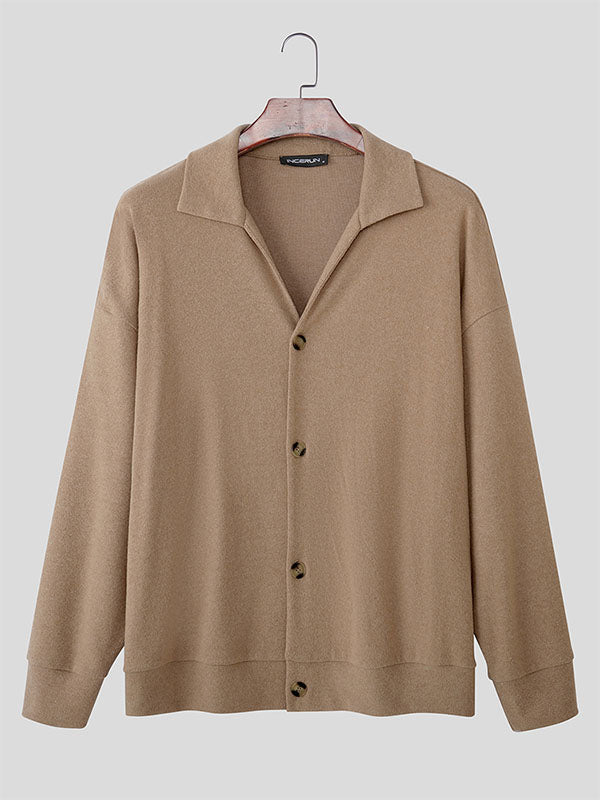 Men's Solid Knit Lapel Long Sleeve Cardigan SKUL28234