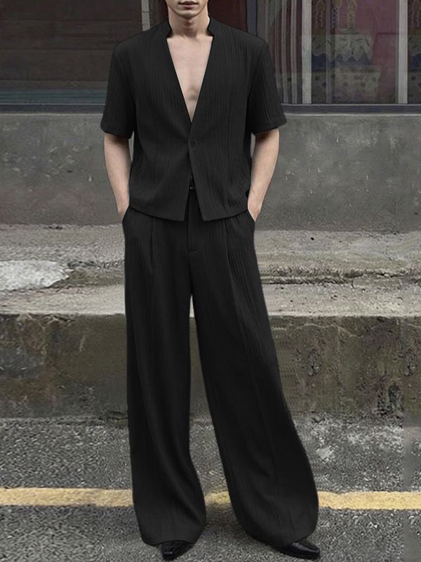 Men's Solid Color Textured Casual Two Pieces Outfit SKUL54446