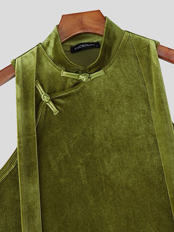 Men's Ribbon Patchwork Velvet Frog Button Stand Collar Cropped Tank SKUL51873