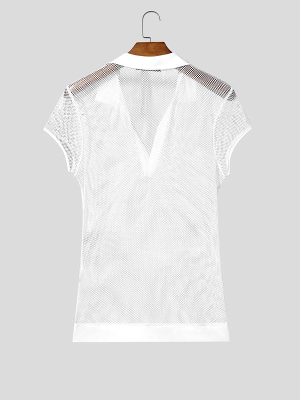 Men's Avant-Garde Deep V-Neck Full Mesh Polo Shirt SKUL63649