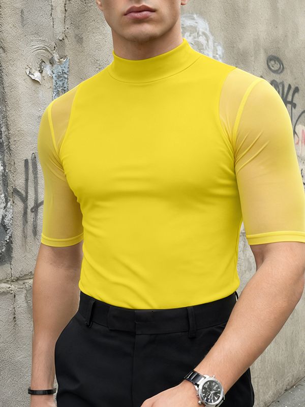 Men's Avant-Garde High-Street Semi-High Collar Mesh Panel Sheer Half Sleeve T-shirt SKUL63175