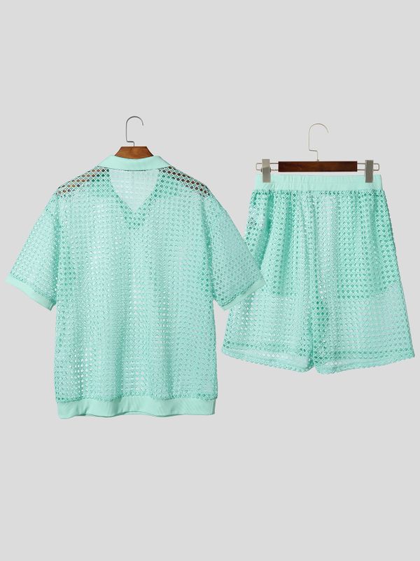 Men's Solid Color Sheer Mesh Turn Down Collar Two Pieces Outfit SKUL58676
