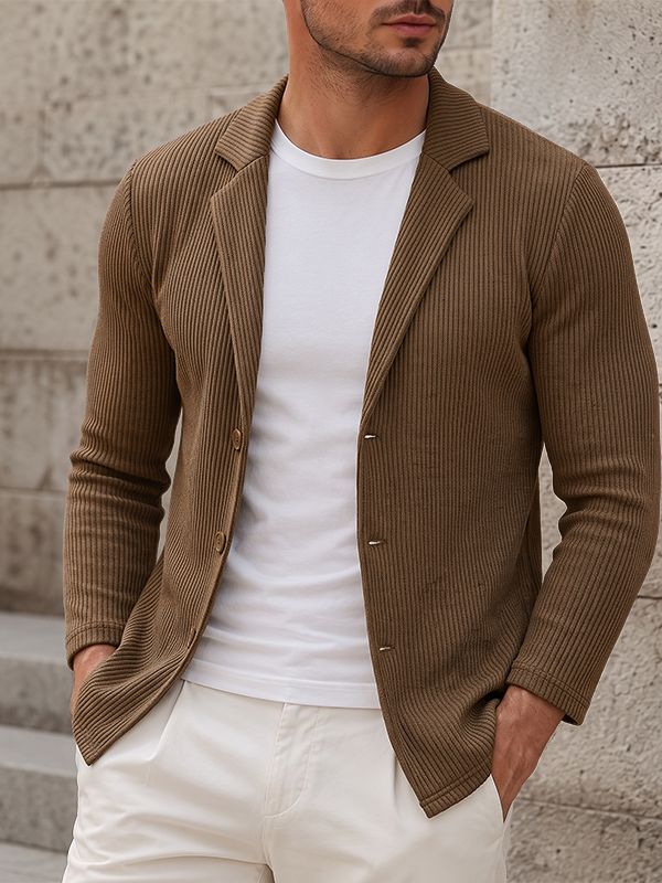 Men's Early Autumn Urban Casual Ribbed Knit Button Down Long Sleeve Lapel Collar Cardigan SKUL79219