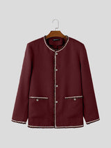 Mens Solid Color Checkered Long Sleeve Cardigan SKUK84778