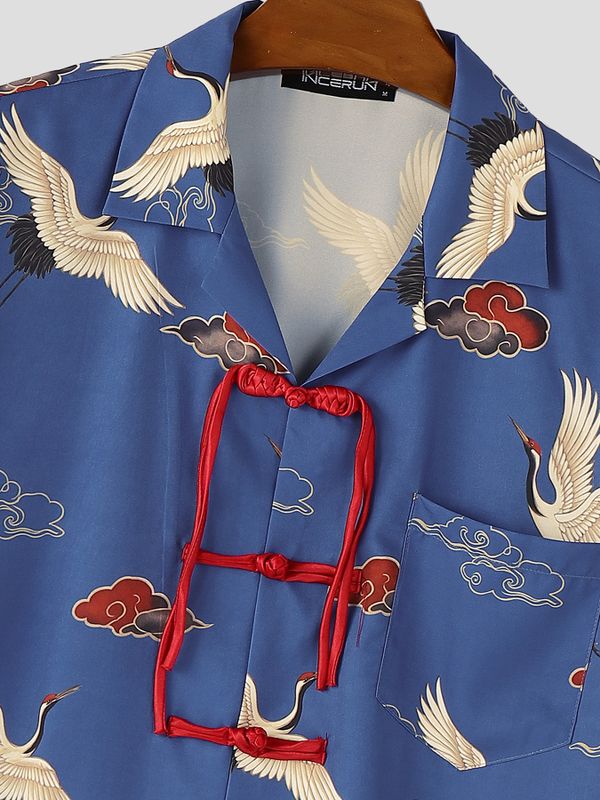 Men's Chinese Style Element Print Frog Button Short Sleeve Shirt SKUL56055