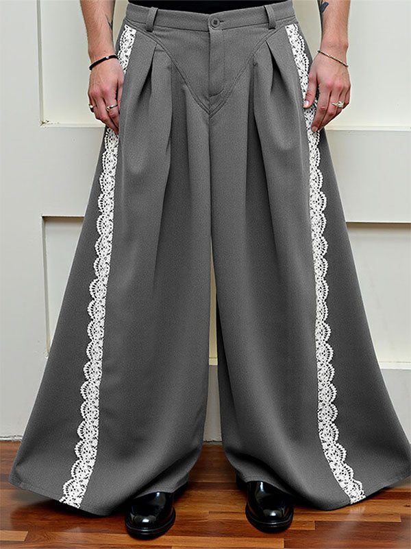 Mens Lace Trim Patchwork Wide-Leg Casual Pant SKUL17919