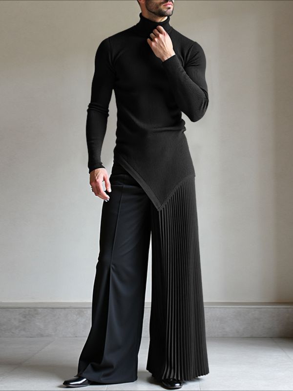 Men's Pleated Hem Textured High Neck Sweater SKUL37268