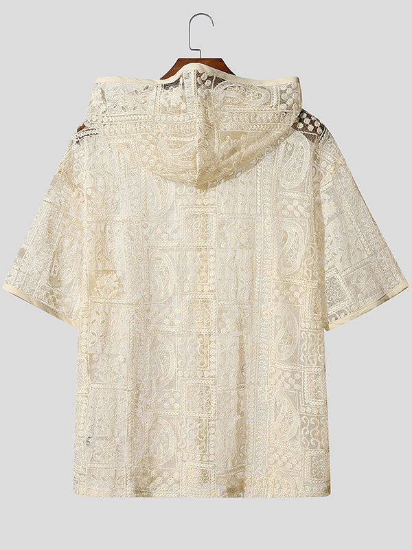Men's Sheer Lace Hooded Short Sleeve Shirt SKUL26995