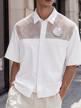 Men's High Street Yuppie Mesh Spliced 3D Flower Turn Down Collar Short Sleeve Shirt SKUL75671