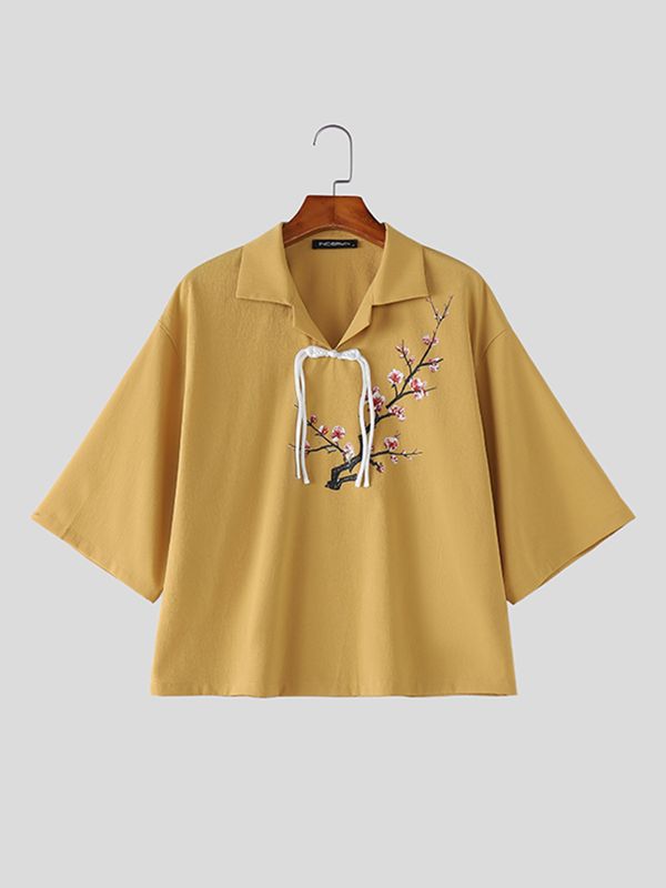 Men's Modern Chinese Turn-Down Collar Frog Button Plum Blossom Print Cropped Short Sleeve Shirt SKUL58701