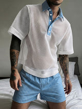 Men's Vintage Casual Stripe Contrast Mesh Two Pieces Outfit SKUL70356
