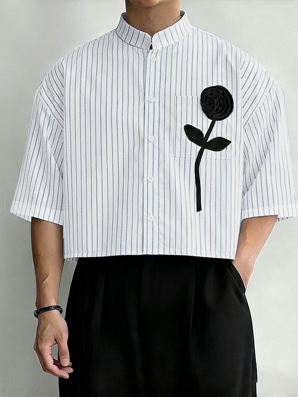 Men's 3D Floral Patchwork Striped Half Sleeve Shirt SKUL63257