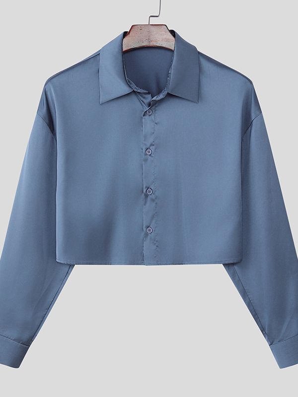 Men's Back Cutout Satin Cropped Long Sleeve Shirt SKUL47871