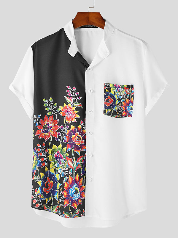 Mens Floral Print Patchwork Stand Collar Shirt SKUK23612