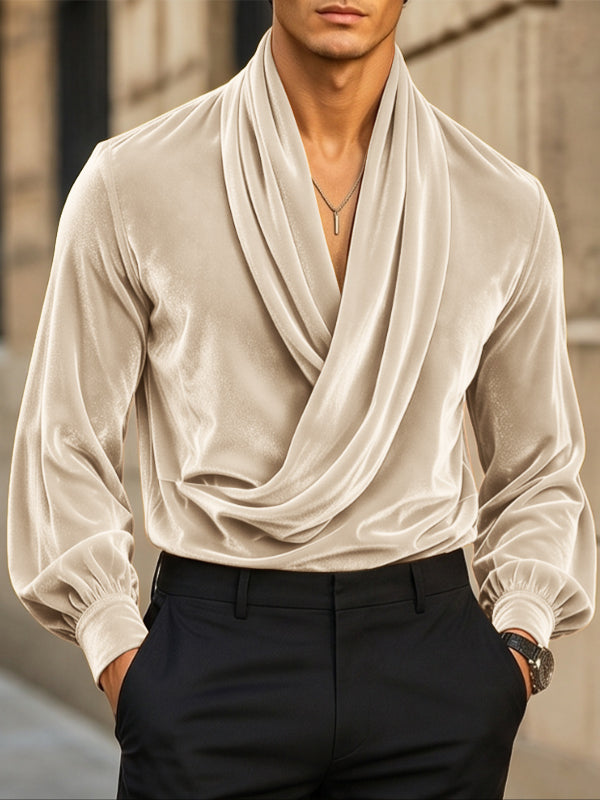 [Pre-order] Men's Victorian Vintage Evening Gala Velvet Draped Cowl Neck Lantern Sleeve Shirt SKUL88524