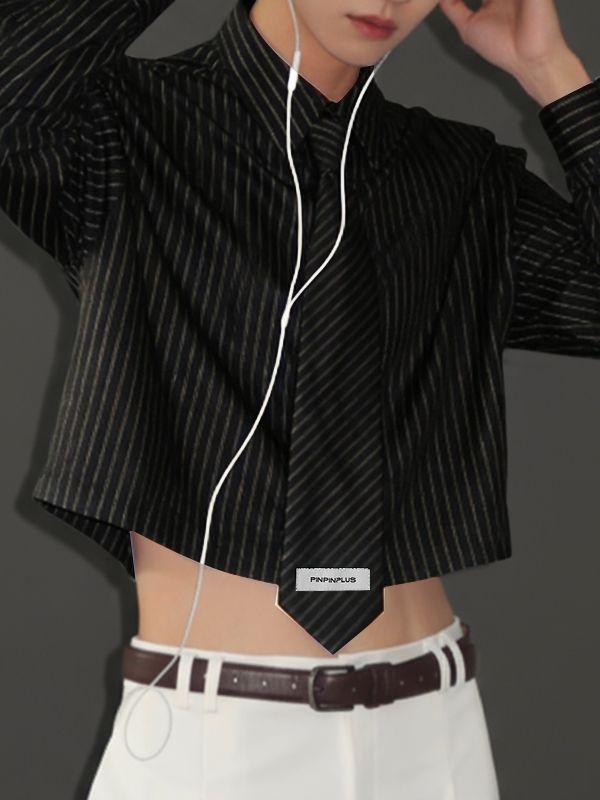 Men's Striped Tie Cropped Long Sleeve Shirt SKUL47902