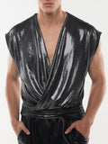 Mens Solid Glitter V-Neck Sleeveless T-Shirt SKUK56357