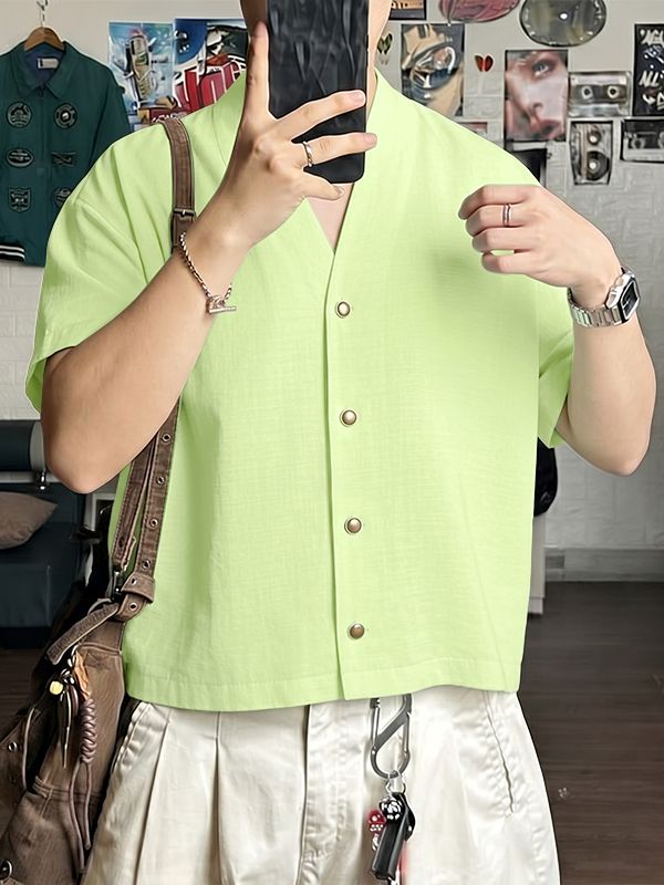Men's Japanese Vintage Placid V-Neck Textured Cotton-Linen Boxy Cropped Short Sleeve Shirt SKUL69067