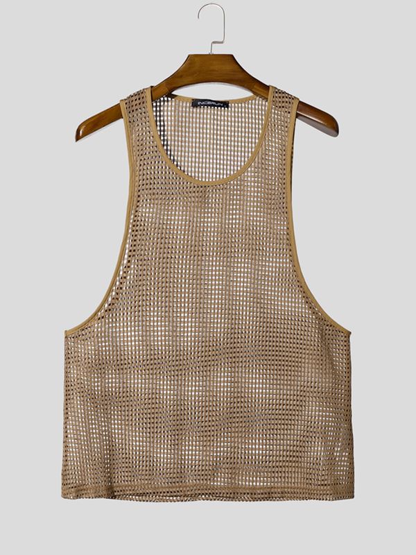 Men's Avant-Garde High-Street All-Over Mesh Round Neck Tank SKUL72634