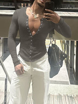 Men's Minimalist Textured Deep V Neck Long Sleeve T-shirt SKUL46565