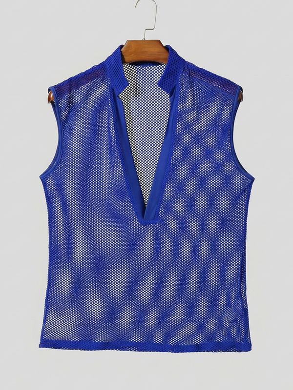 Men's Avant-Garde Sheer Mesh Deep V-Neck Slim Fit Cap Sleeve Muscle Tank SKUL64182